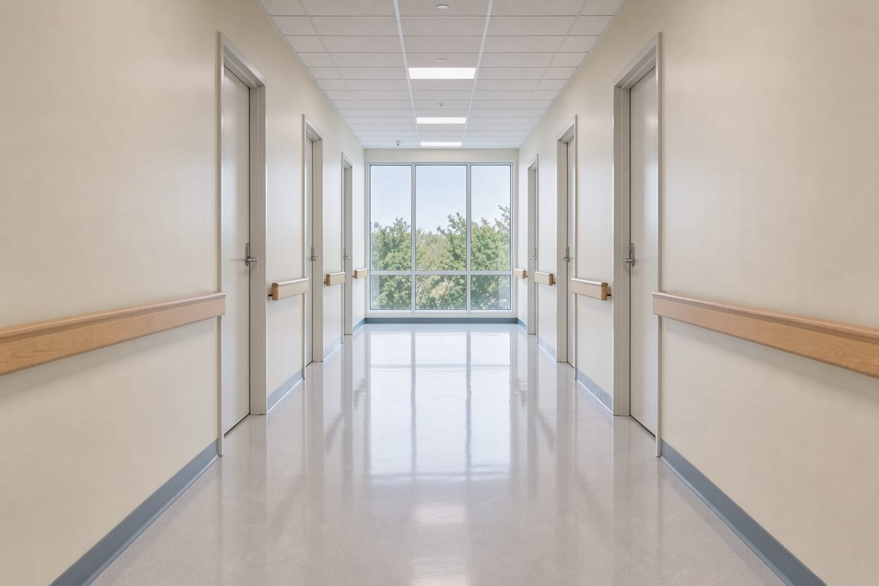 An empty corridor with daylight at the end
